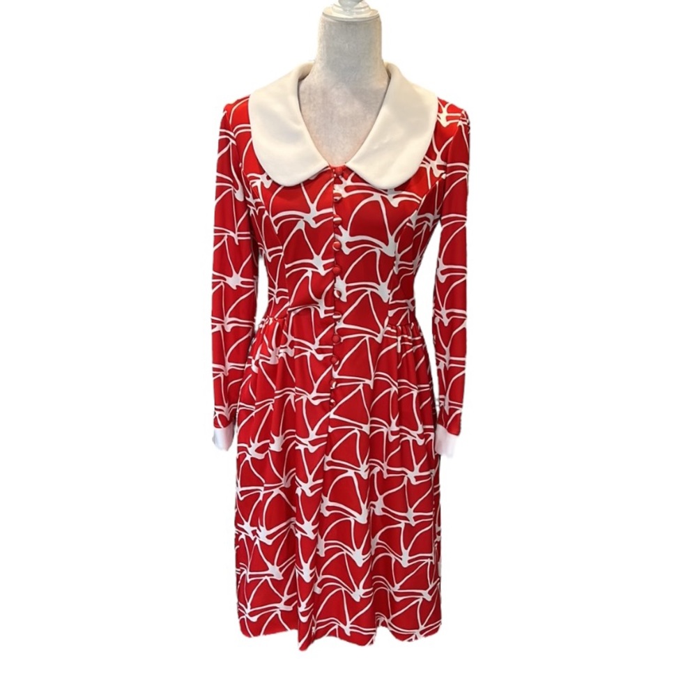 Vintage Emilio Borghese Red & White Geometric Print Peter Pan Collar Dress - S
